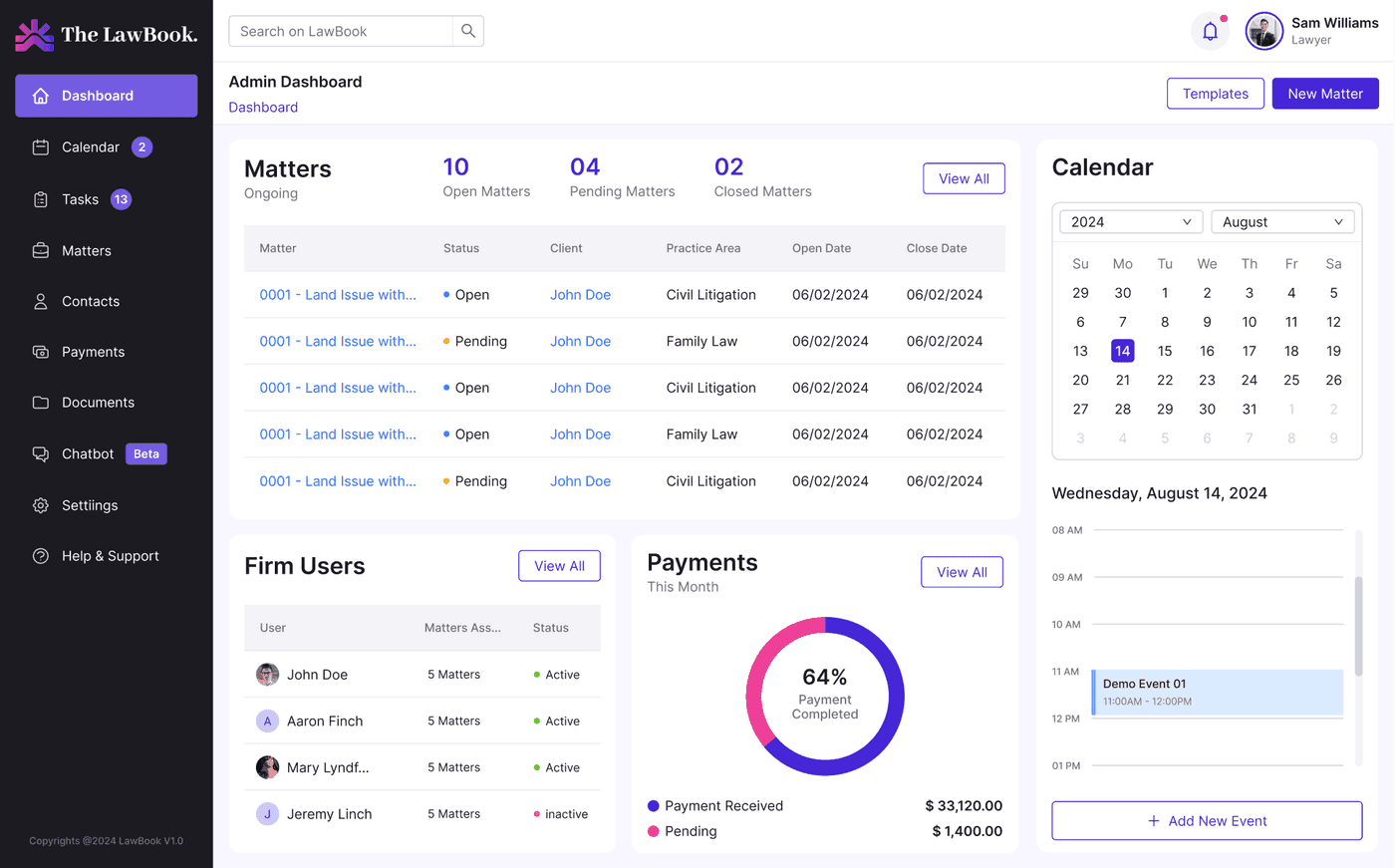 The LawBook matter and document management interface
