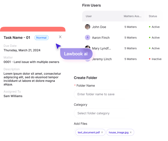 The LawBook product dashboard showing matters, tasks and AI assistant panels