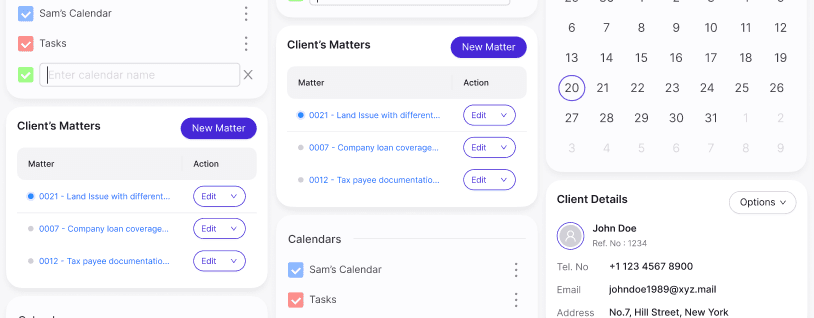 Matters and calendar dashboard showing connected contacts, documents and tasks