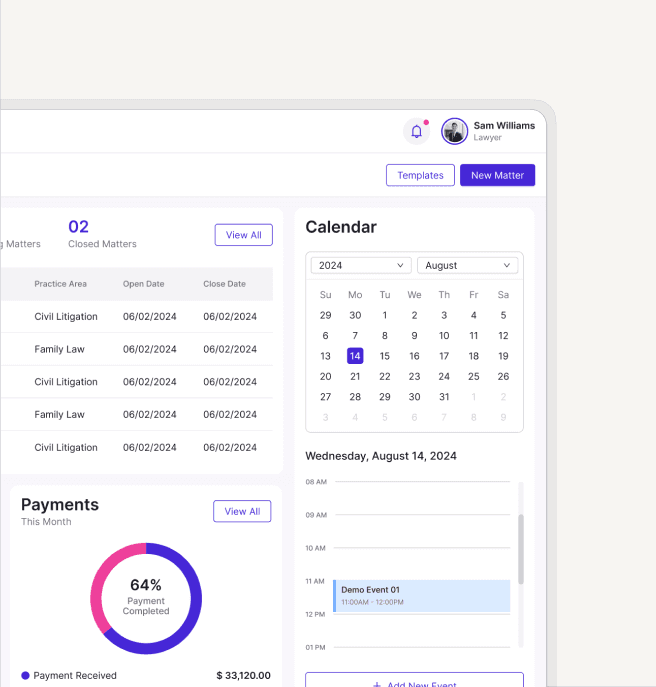 The LawBook matter and calendar dashboard